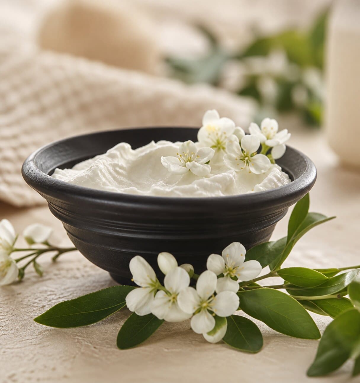 Schale mit Pflegecreme und weißen Blüten als Motiv für Kopf bis Fuß