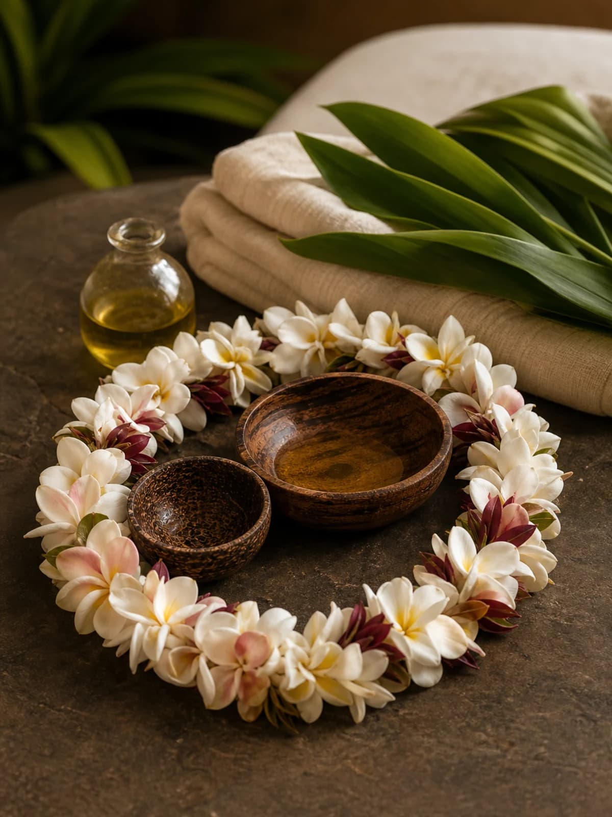 Hawaiianischer Blütenkranz mit Holzschalen und Massageöl für Ku‘Hu Hoa Aloha